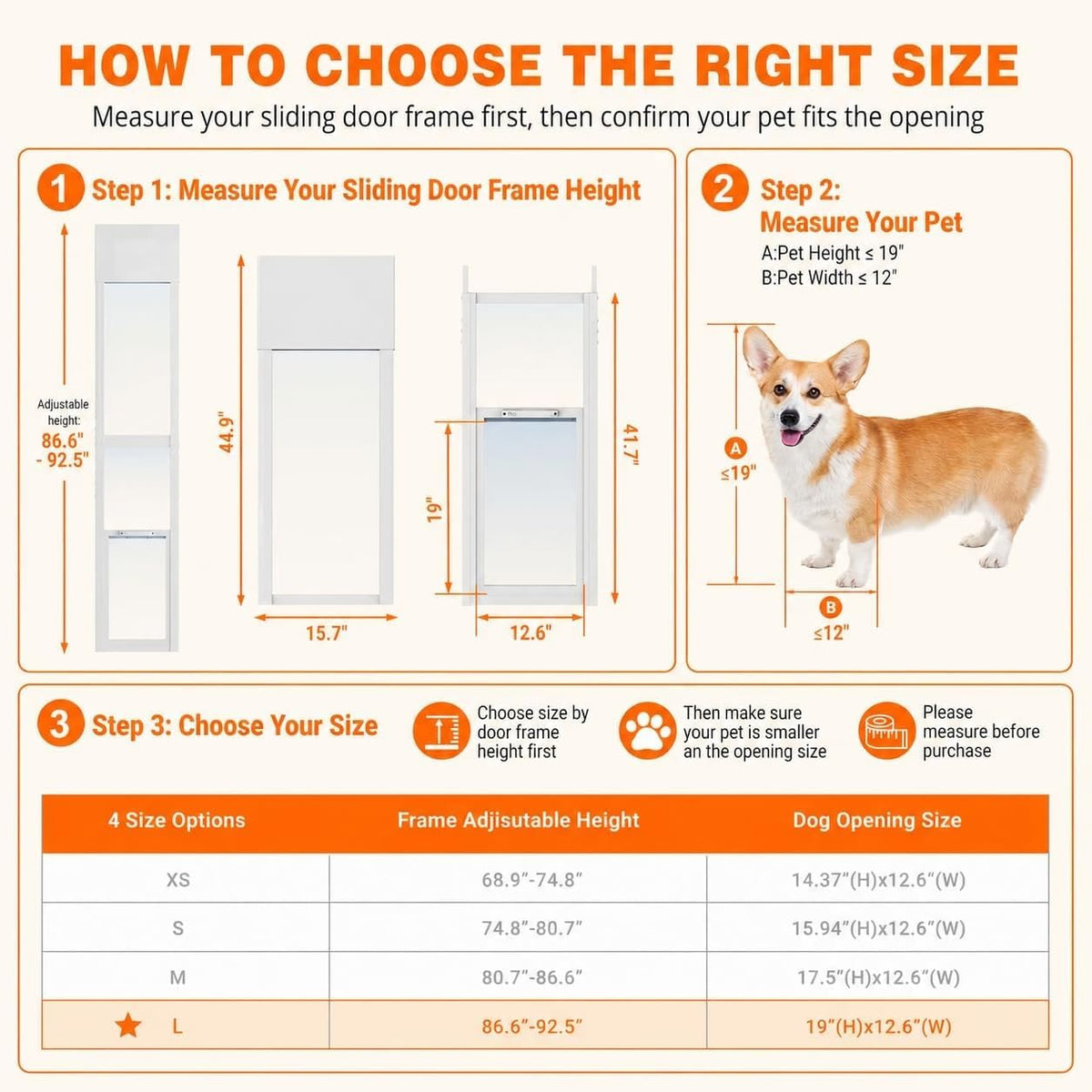Dog Door for Sliding Glass Doors, 86.6"-92.5" Adjustable, Security Lock