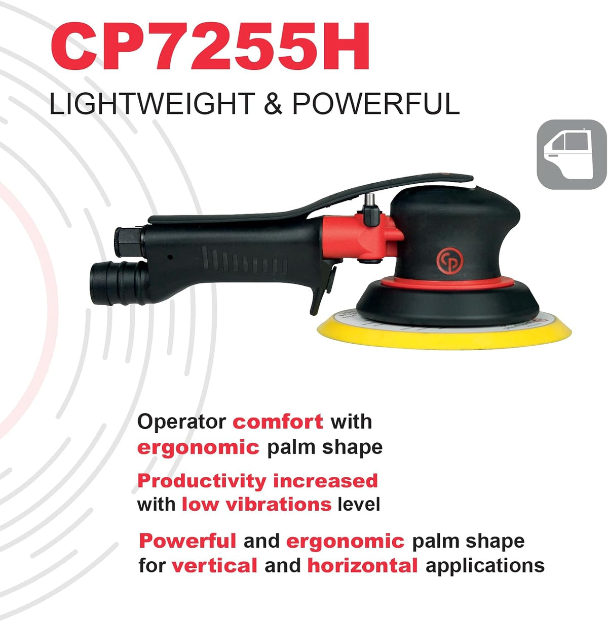 Chicago Pneumatic CP7255H - 6 Inch (150 mm), Air Random Orbital Sander Tool, Non-Vacuum, PSA, 0.28 HP / 210 W, 11000 RPM, Home Improvement, Woodworking, Polisher, Heavy Duty