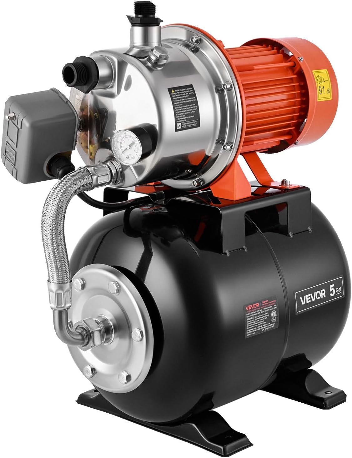 VEVOR 1.6 HP Shallow Well Pump with Pressure Tank, 120V 1320 GPH, Stainless Steel Irrigation Jet Pump with 5-Gal Tank, Automatic Water Booster System, 20/40 PSI Pressure Switch, for Home Garden Lawn