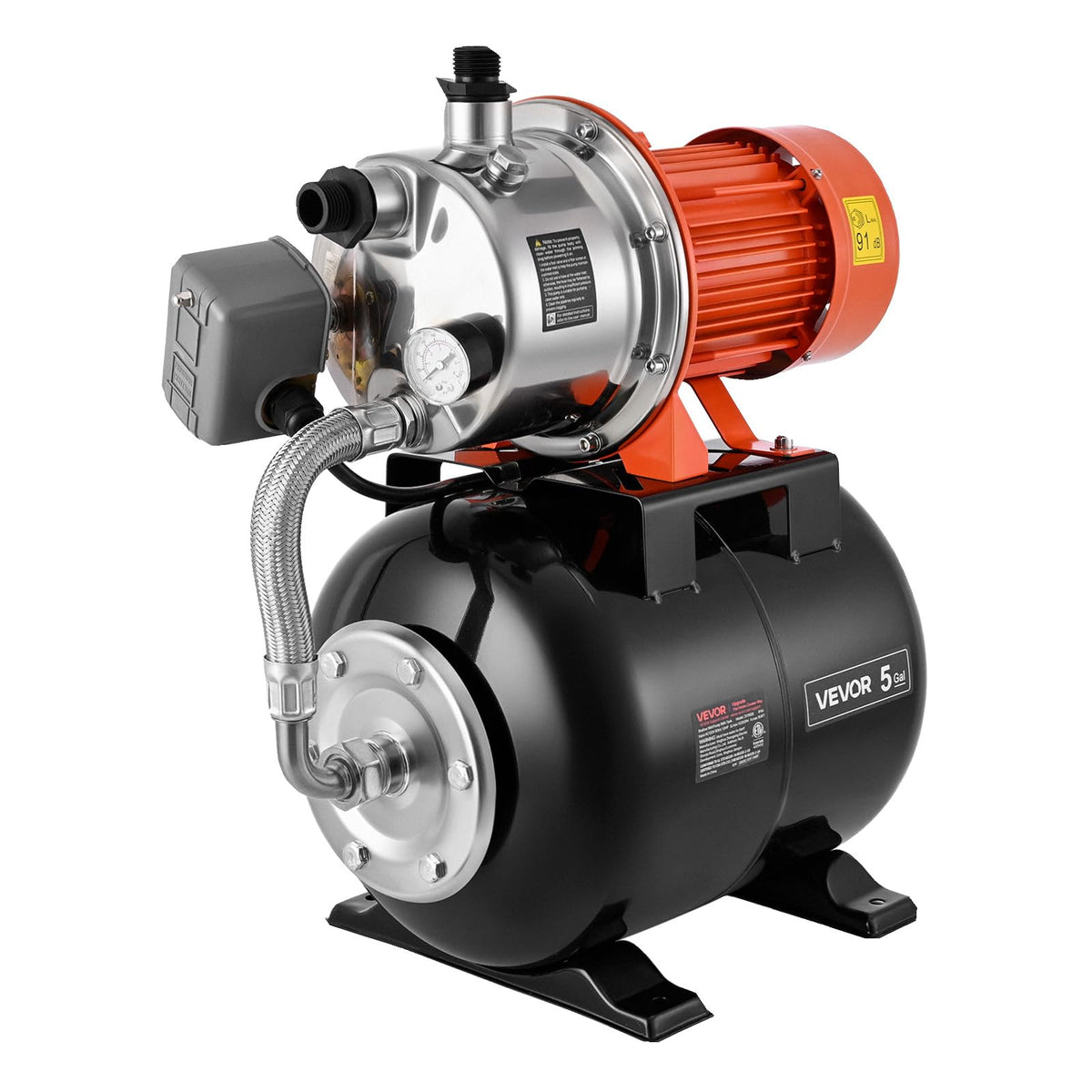 VEVOR 1.6 HP Shallow Well Pump with Pressure Tank, 120V 1320 GPH, Stainless Steel Irrigation Jet Pump with 5-Gal Tank, Automatic Water Booster System, 20/40 PSI Pressure Switch, for Home Garden Lawn