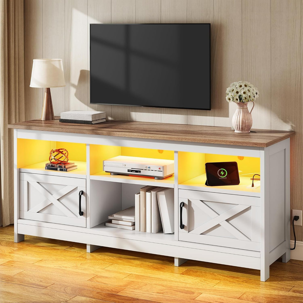 YITAHOME 59" TV Stand with Power Outlet & LED Light for 65 Inch TVs, Black