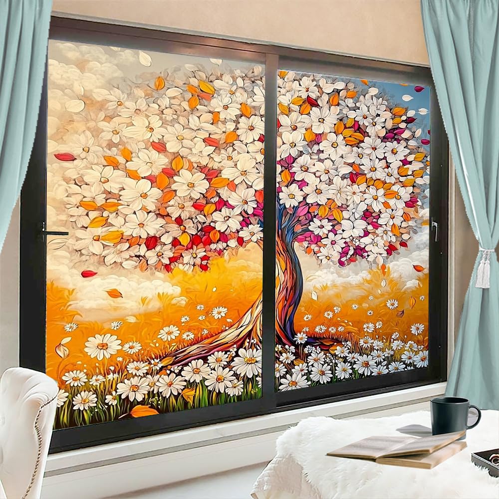 Ocean Waves Cherry Blossoms Window Privacy Film 31.5Wx55.1L inch x 2pcs