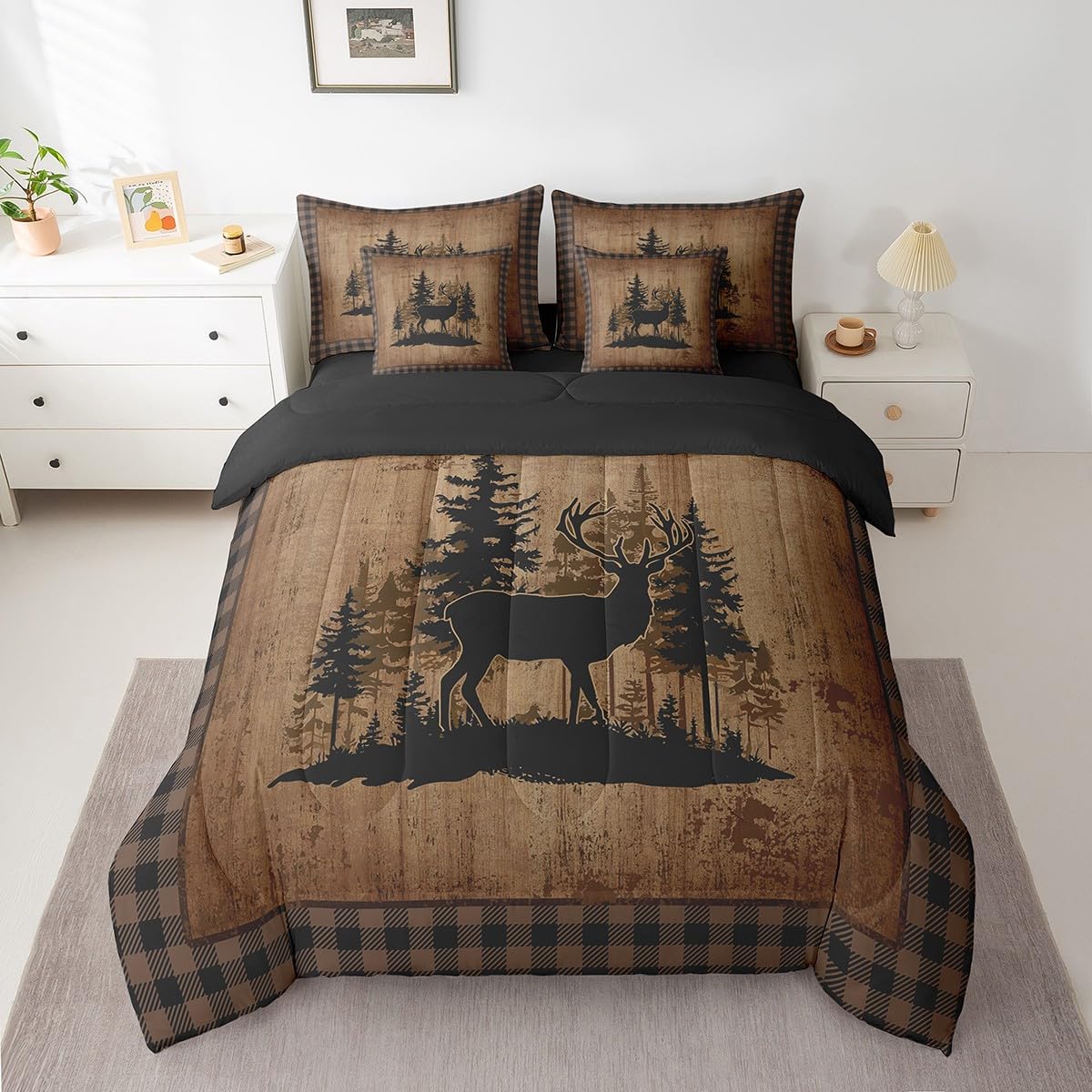 Feelyou Deer Comforter Set with Sheets King Size 7 piece Kids Rustic Deer Hunting Bedding Set Cabin Lodge Deer Bed in a Bag Farmhouse Nature Wildlife Antlers Brown Bed Set