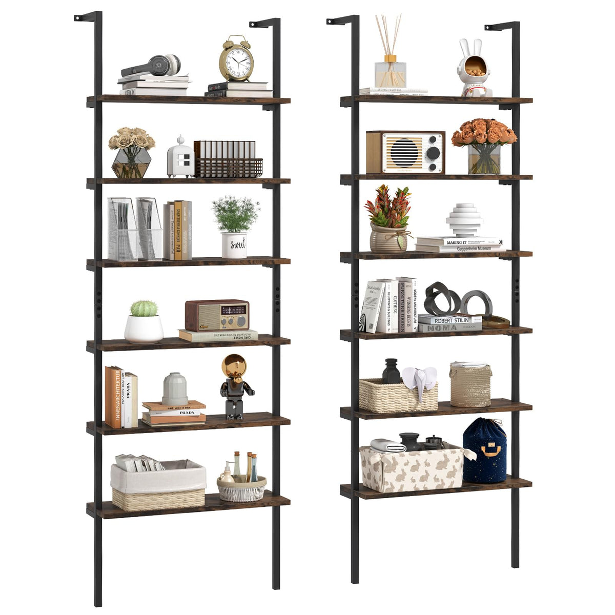 GIANTEX 6-Tier Ladder Shelf, 72" Wall Mounted Bookshelf with Metal Frame, Industrial Open Storage Shelves, Wooden Bookcase Display Rack for Living Room, Home Office, Bedroom (2,Rustic Brown)