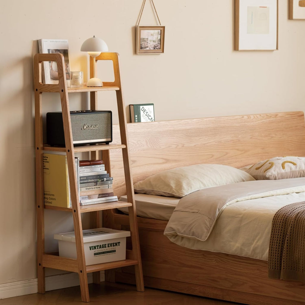 100% Solid Oak 4 Tier Ladder Shelf for Saving Space, Small Bookshelf with Stable Frame, Free Standing Ladder Shelves for Living Room Bedroom Couch(Natural,17.32" D x 16.53" W x 53.54" H)