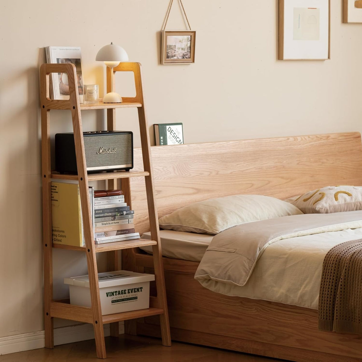 100% Solid Oak 4 Tier Ladder Shelf for Saving Space, Small Bookshelf with Stable Frame, Free Standing Ladder Shelves for Living Room Bedroom Couch(Natural,17.32" D x 16.53" W x 53.54" H)