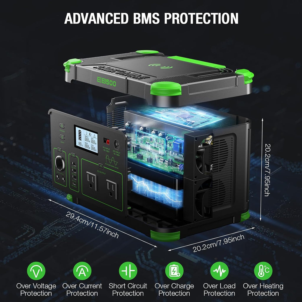 500W Portable Power Station 519.48Wh Outdoor Solar Generator Backup Battery