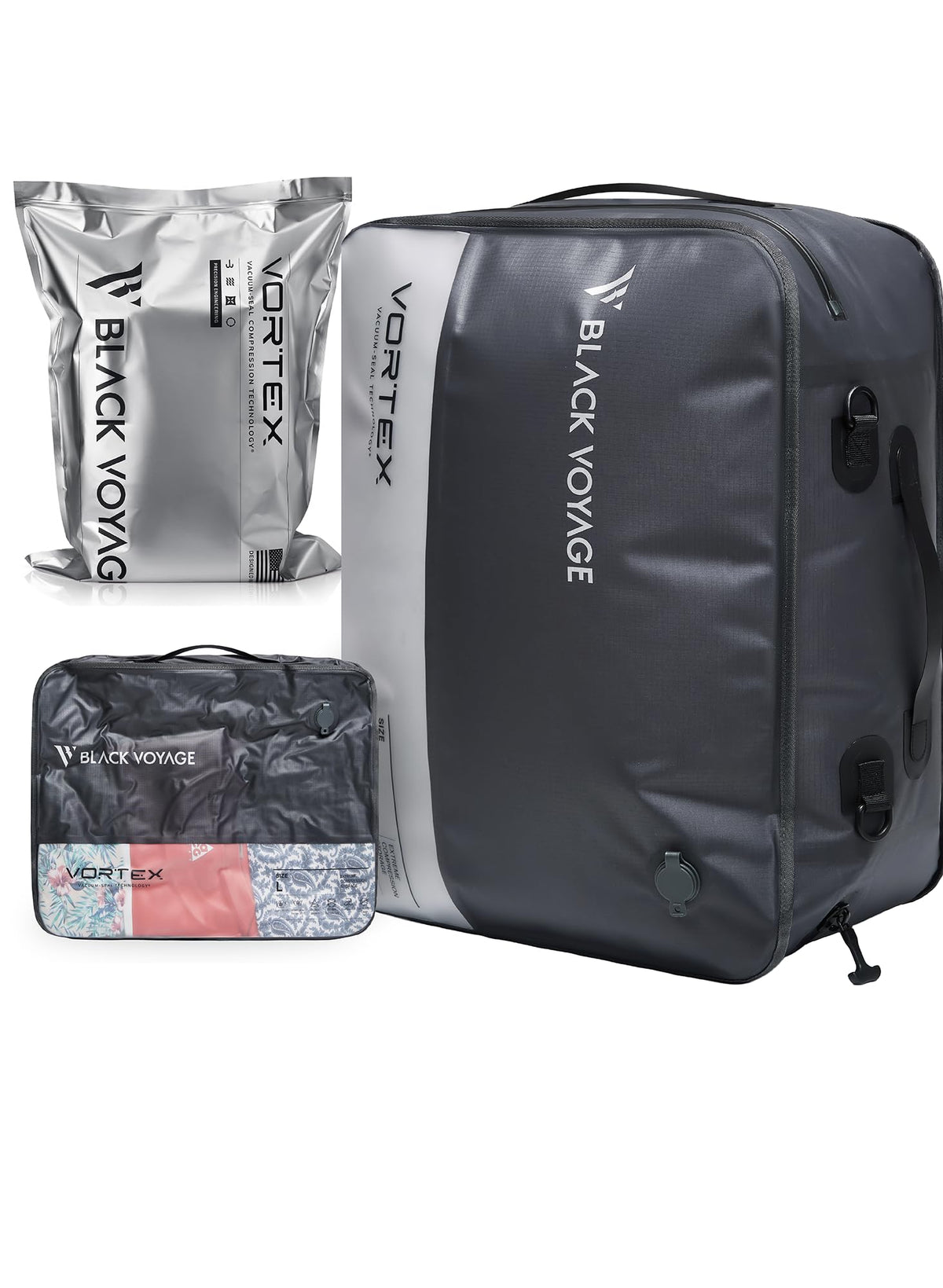 Black Voyage Reusable Vacuum Compression Travel Bag for Carry-On Suitcase and Backpack, Recycled IPX8 Waterproof Space Saver Vacpack (2-Pack, 41L - No Pump)