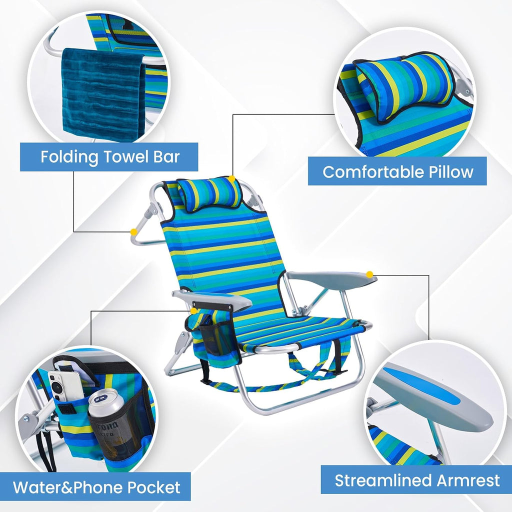 2 Pack Lightweight Portable Camping Beach Chair for Adults, Outdoor Lay Flat Folding Beach Chairs with 5 Positions, Backpack Beach Chair with Towel Bar, Zipper Pouch, Cup Holder, NEW Striped