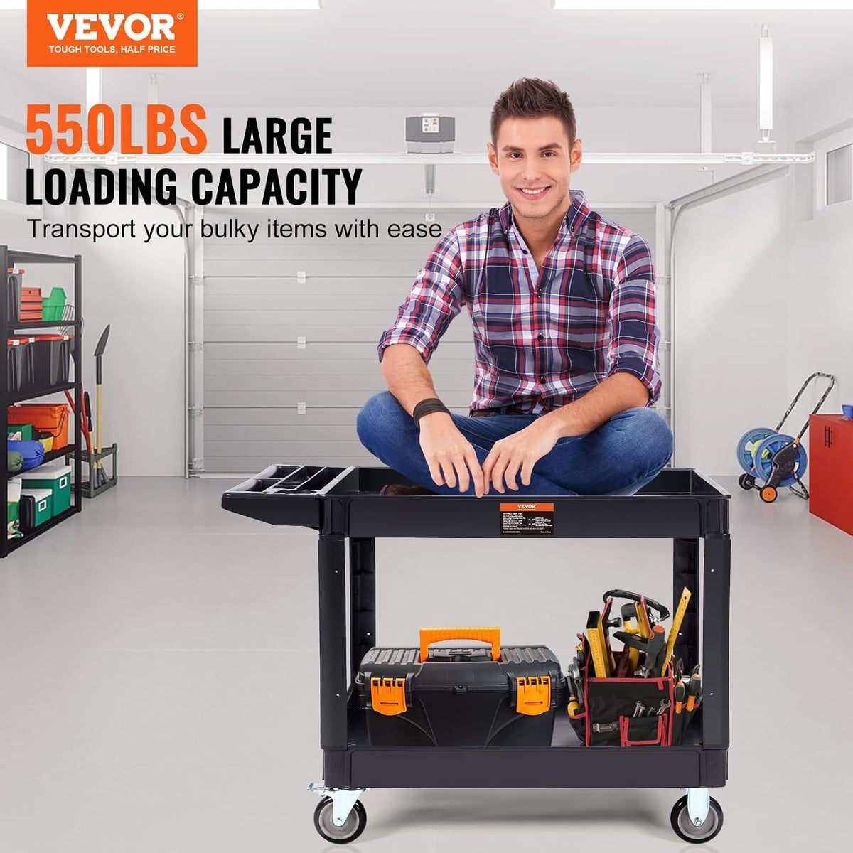 VEVOR Utility Service Cart 2 Shelf 550 lbs Heavy Duty Plastic Rolling Cart