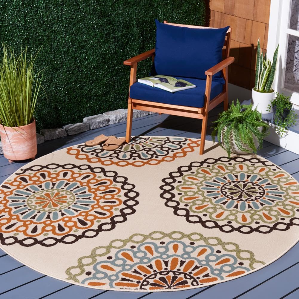 SAFAVIEH Washable Rug Outdoor Veranda Collection - 8' x 11', Cream & Blue, Non-Shedding & Easy to Clean, Ideal for Patio, Backyard, Mudroom (VER092-0615)