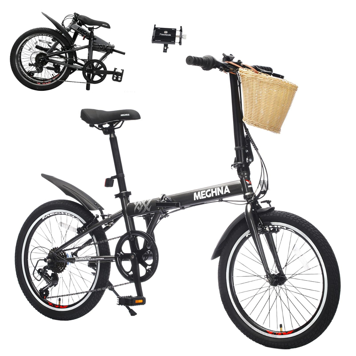 20 Inch Folding Bike for Adults with Basket & Phone Holder, 6-Speed City Commuter, Steel Frame Portable Compact Bicycle with Dual V-Brakes, Fenders, Foldable for Men Women
