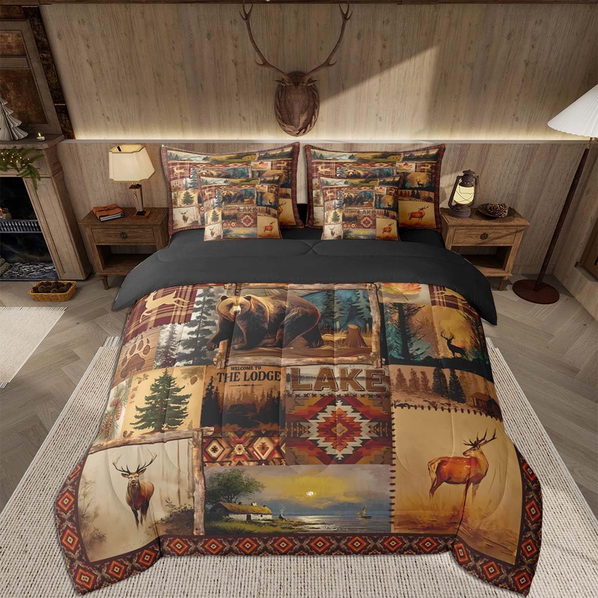 Feelyou Deer Comforter Set with Sheets King Size 7 piece Kids Rustic Deer Hunting Bedding Set Cabin Lodge Deer Bed in a Bag Farmhouse Nature Wildlife Antlers Brown Bed Set