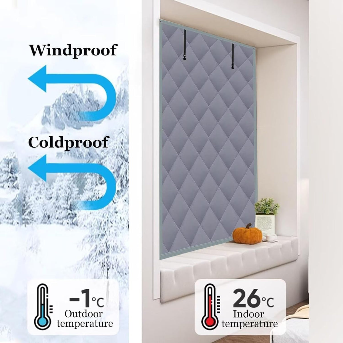 Window Insulation Kit with Hook and Loop Strap and Thumbtack Reusable Thicken Thermal Waterproof Attic Cover Thermal Insulated Window Cover with Fastener 150x190cm Grey