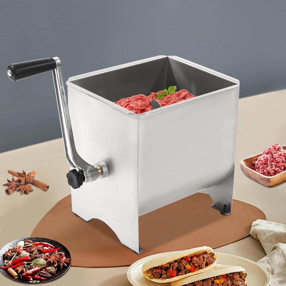 20lb Manual Meat Mixer Stainless Steel Meat Grinder Heavy Duty Meat Mixing Machine for Sausage,with Lid and Handle