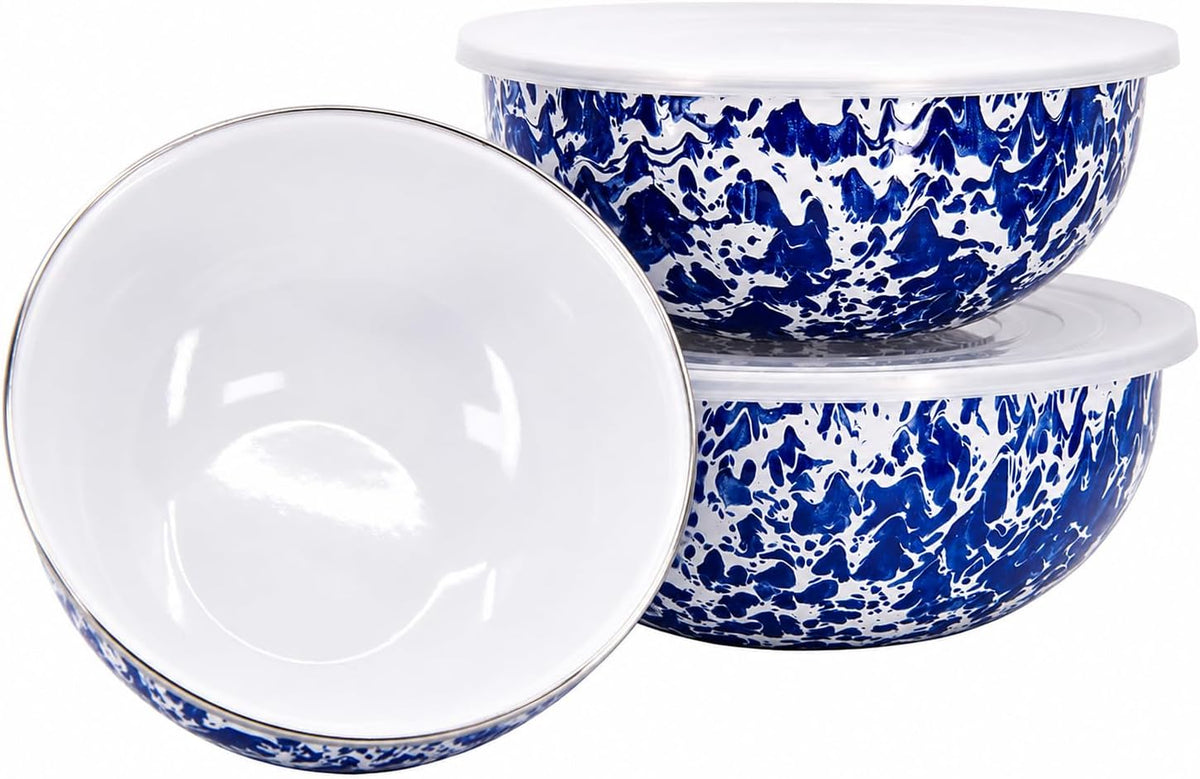 Golden Rabbit Enamelware Nested Mixing Bowls with Lids, Set of 3, Cobalt Swirl