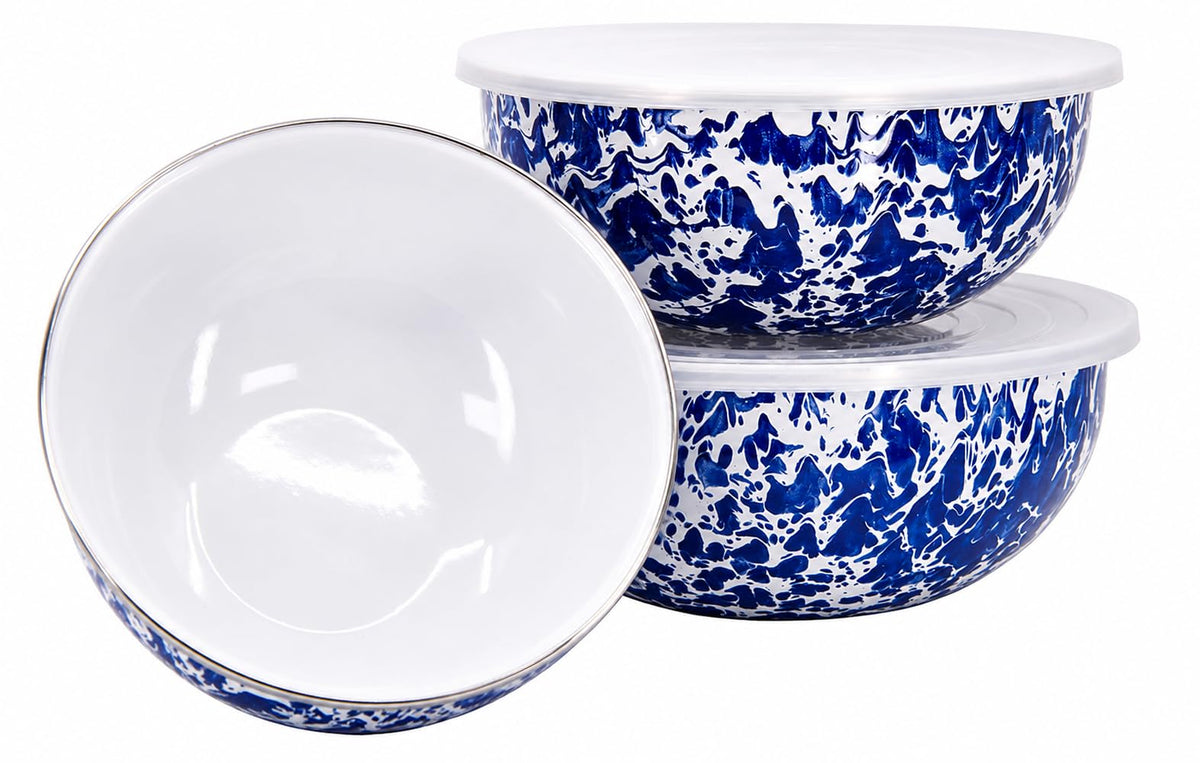 Golden Rabbit Enamelware Nested Mixing Bowls with Lids, Set of 3, Cobalt Swirl