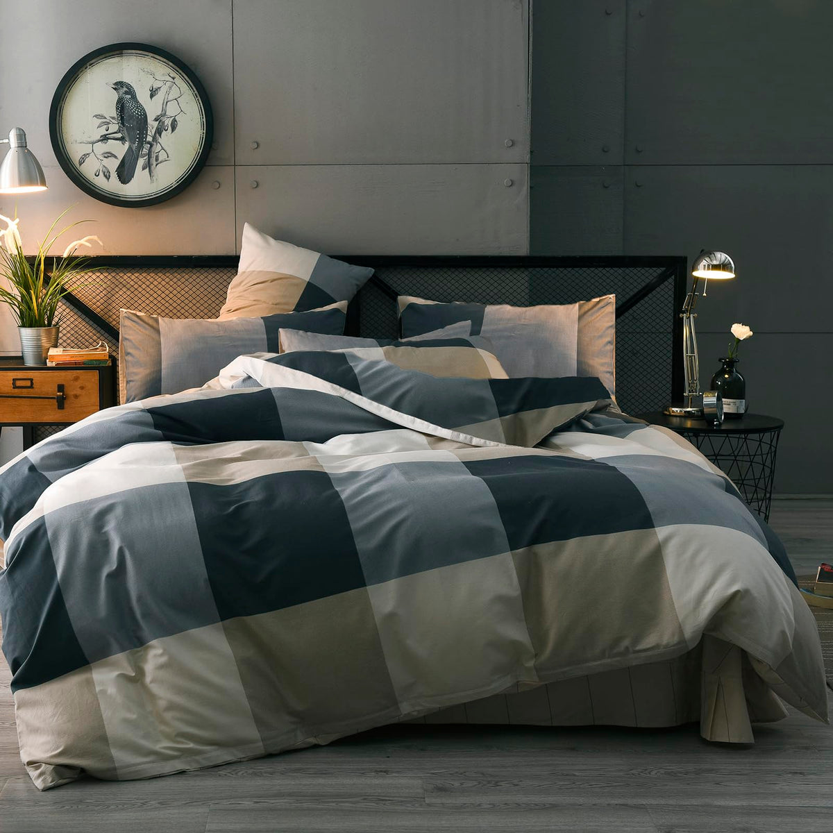 mixinni Vintage Buffalo Plaid Duvet Cover Set Queen Size - 3 Piece Washed Cotton Bedding Set with Grid Pattern, Soft & Breathable Duvet Cover with Pillowcases for All Seasons,(Brown & Blue,Beige)