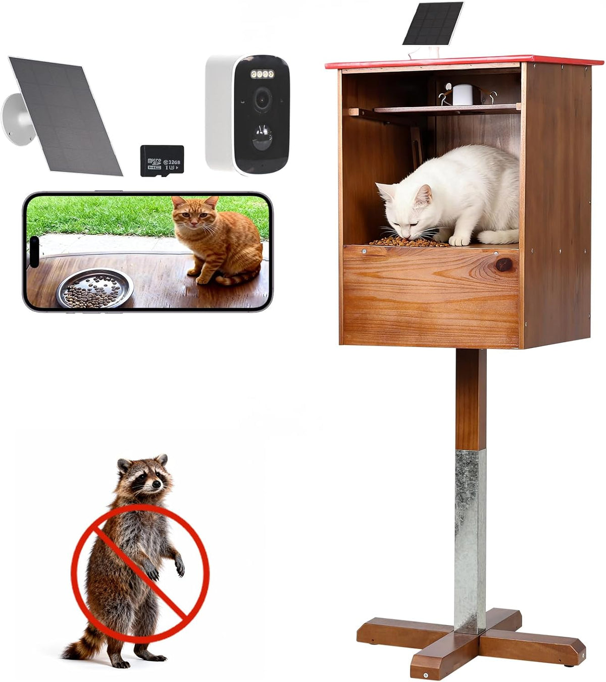 Outdoor Cat Feeding Station with Camera, Solar Powered Raccoon Proof Feral Cat Feeder, Weatherproof Elevated Outdoor Cat Feeder with Dual Viewing Angles & App Alerts
