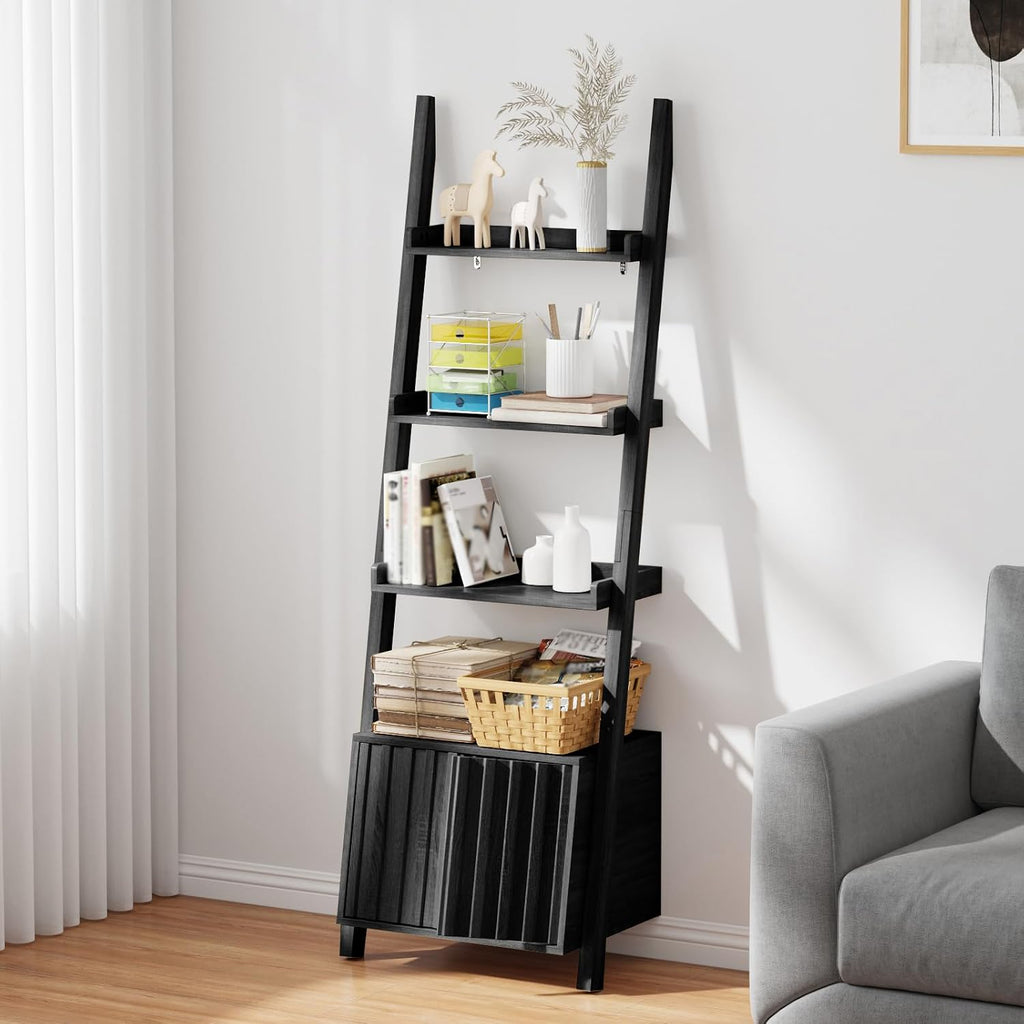 4-Tier Ladder Bookshelf with Storage Cabinet,Display Shelf,Black