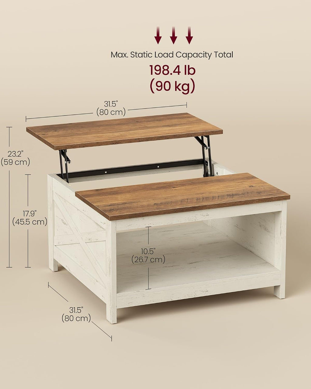 VASAGLE Lift Top Coffee Table, Square Farmhouse Coffee Table with Storage