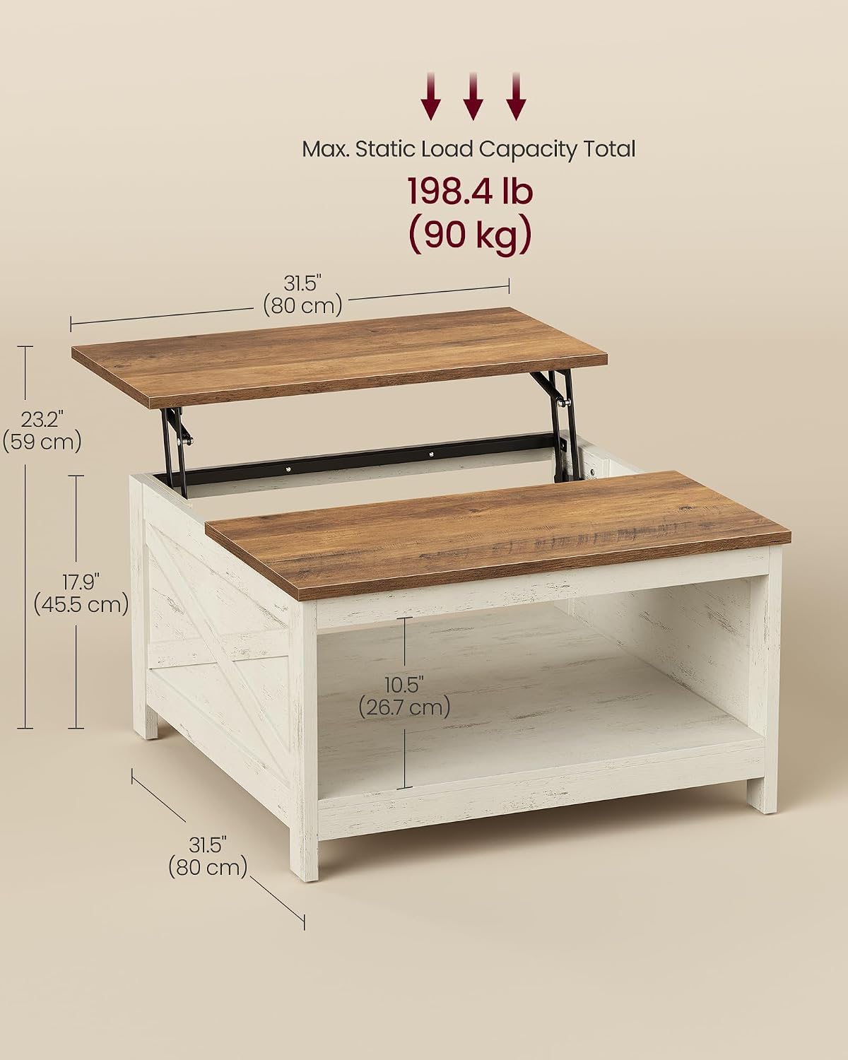 VASAGLE Lift Top Coffee Table, Square Farmhouse Coffee Table with Storage