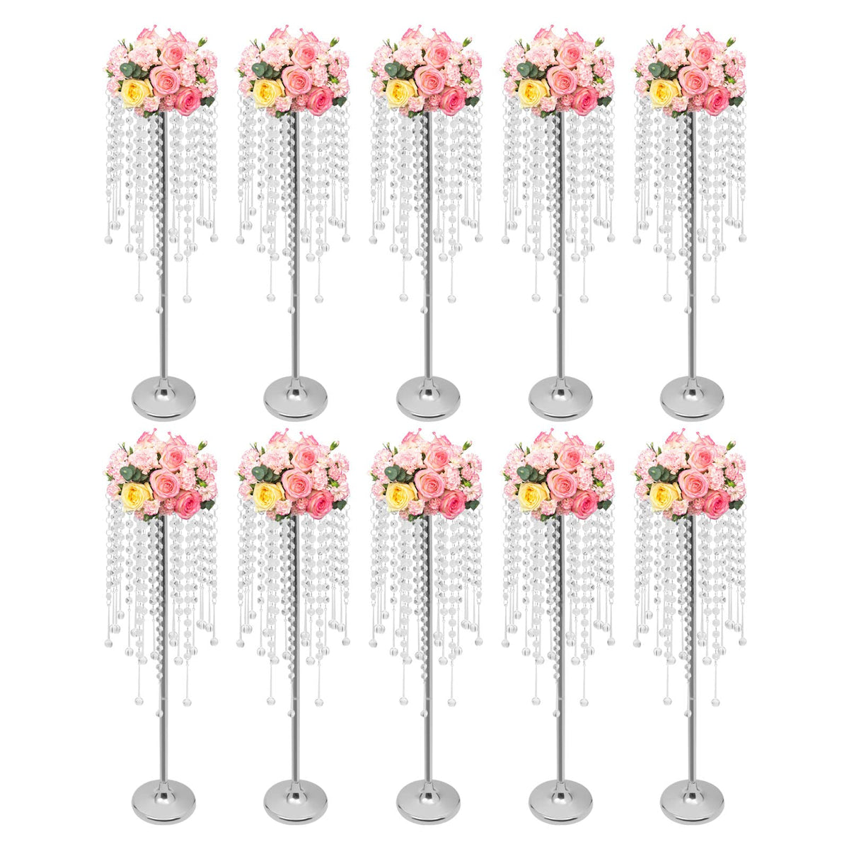 Wedding Centerpieces Silver Vases,10PCS Metal Flower Candle Holder with Sparkling Crystal Beads,Crystal Flower Vase Metal Flowers Stand for Party Tables Decorations (10PCS-Sliver-3)