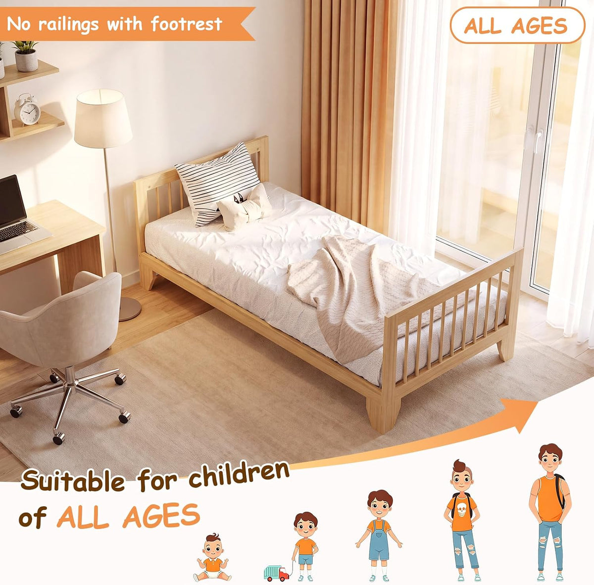 EXPERLAM Twin Montessori Floor Bed for Kids, Removable Rails, Burlywood
