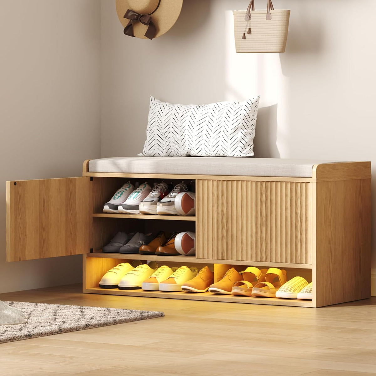HOMEFORT 39.4" Fluted Shoe Storage Bench, Entryway Bench with Linen Seat Cushion, Shoe Cabinet Bench with Adjustable Shelf and Built-in LED Sensor Light, Bench for Bedroom End of Bed, Natural Oak