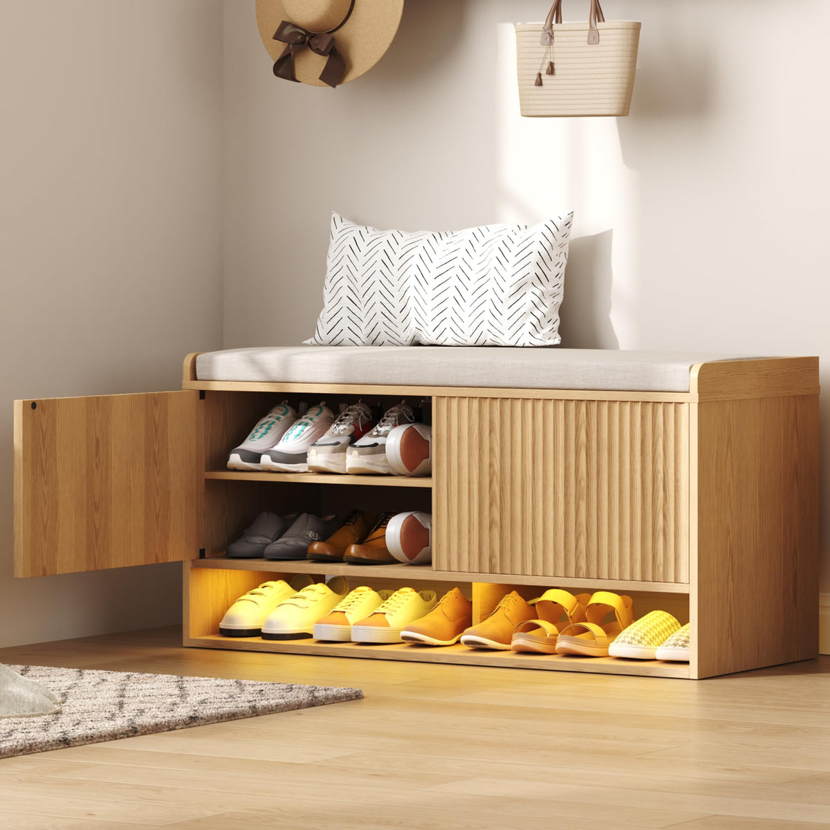 HOMEFORT 39.4" Fluted Shoe Storage Bench, Entryway Bench with Linen Seat Cushion, Shoe Cabinet Bench with Adjustable Shelf and Built-in LED Sensor Light, Bench for Bedroom End of Bed,Walnut