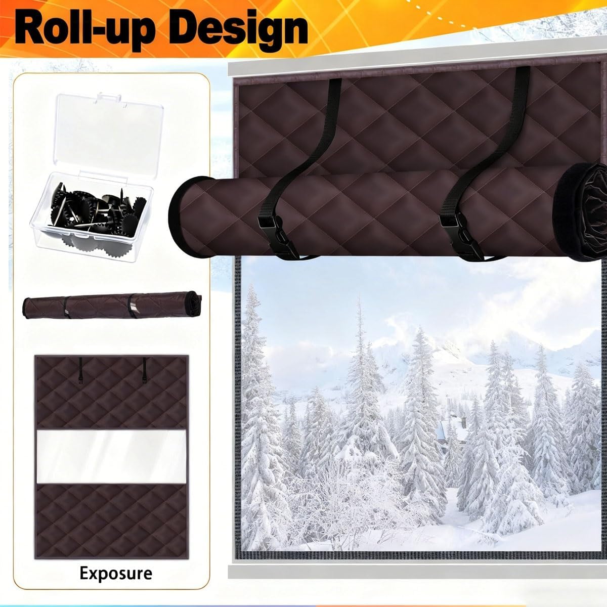 3 Layer Window Insulation Kit Thermal Insulated Window Cover 35x59 47x63 63x39 inch Oxford Cloth Thicken Cotton Soundproof Roll-Up Design Reusable Winterize Curtain for Attic Bedroom(Black,W59xH106")