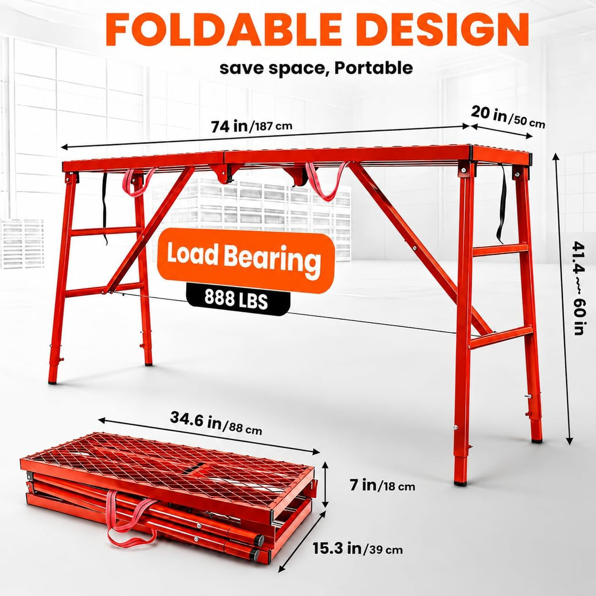 Scaffolding Platform Ladder 74” x 20” x 60”, 888LBS Heavy-Duty Steel, 5-Level Adjustable Anti-Slip Portable Scaffolding Platform, Foldable Scaffolding Work Platform for Warehouse Use