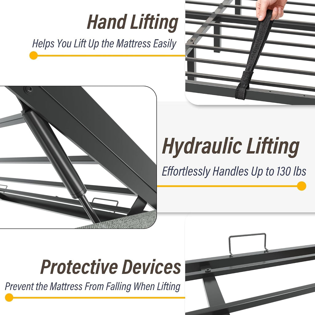 King Bed Frame with Hydraulic Gas Lift Up Storage, Linen Upholstered