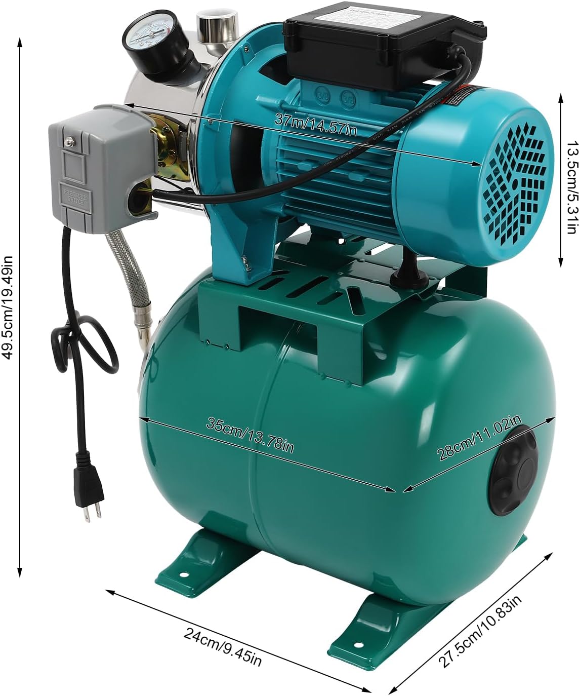 YIYIBYUS 1HP Green Stainless Steel & Cast Aluminum Shallow Well Water Pump, 110V Irrigation Pump with Pressure Tank for Home Farm Lawn Irrigation Yard