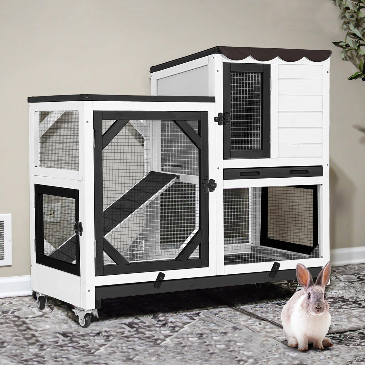 Indoor Rabbit Bunny Hutch Outdoor, Guinea Pig Cages with Removable Bottom Wire Netting - Easy Clean