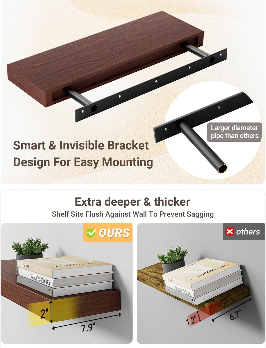 60 inch Long Walnut Floating Shelf for Wall, 8" D Fireplace Mantel