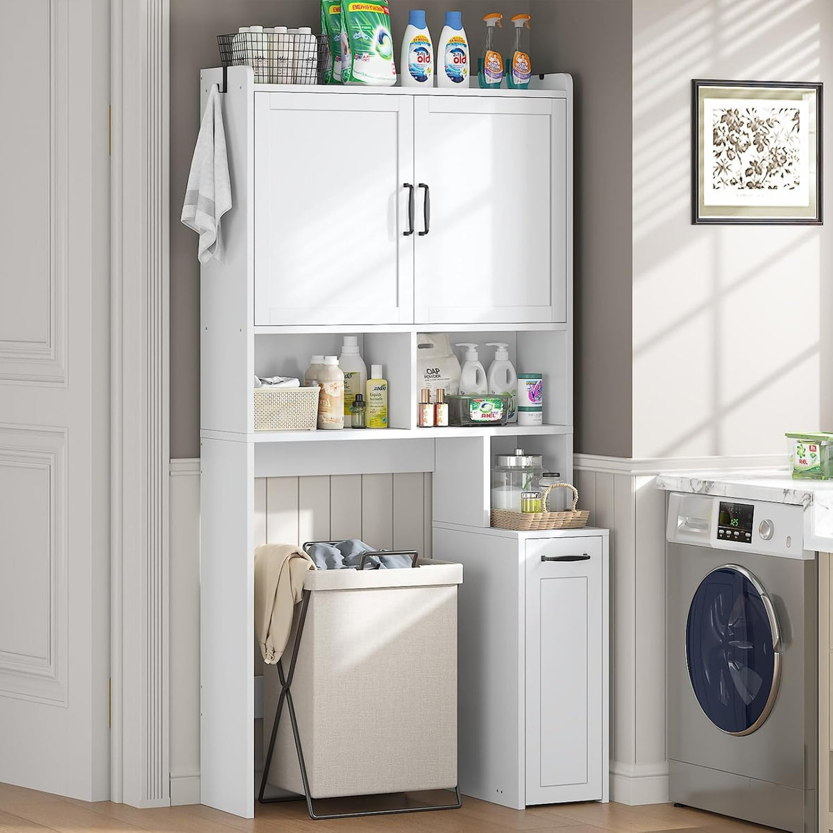 UPOSOJA Over The Toilet Storage Cabinet with Pulley Small Bathroom Storage Cabinet, Space Saver W/Adjustable Shelf & Open Shelf for Bathroom, Restroom, Laundry (White)