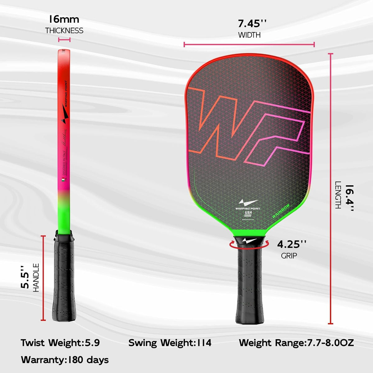 Warping Point Rainbow Power Pickleball Paddle，Gen 3 EdgeFusion Core Ignites Explosive Speed, 3-Layer Carbon Fiber & DualGrit Surface Deliver Pro-Level Spin, Edgeless Elongated Design, USAPA Approved