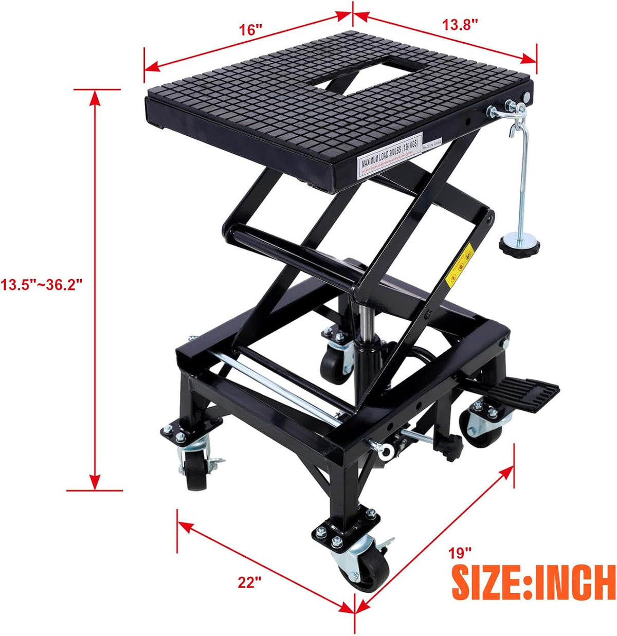 Hydraulic Motorcycle Lift Table,350 LBS Heavy Duty Ultra-Stable Jack Stand Fit for Dirt Bike ATV Bike, Jack Lift Foot Step with Deck, J-Hooks, 4 Wheels (Black)