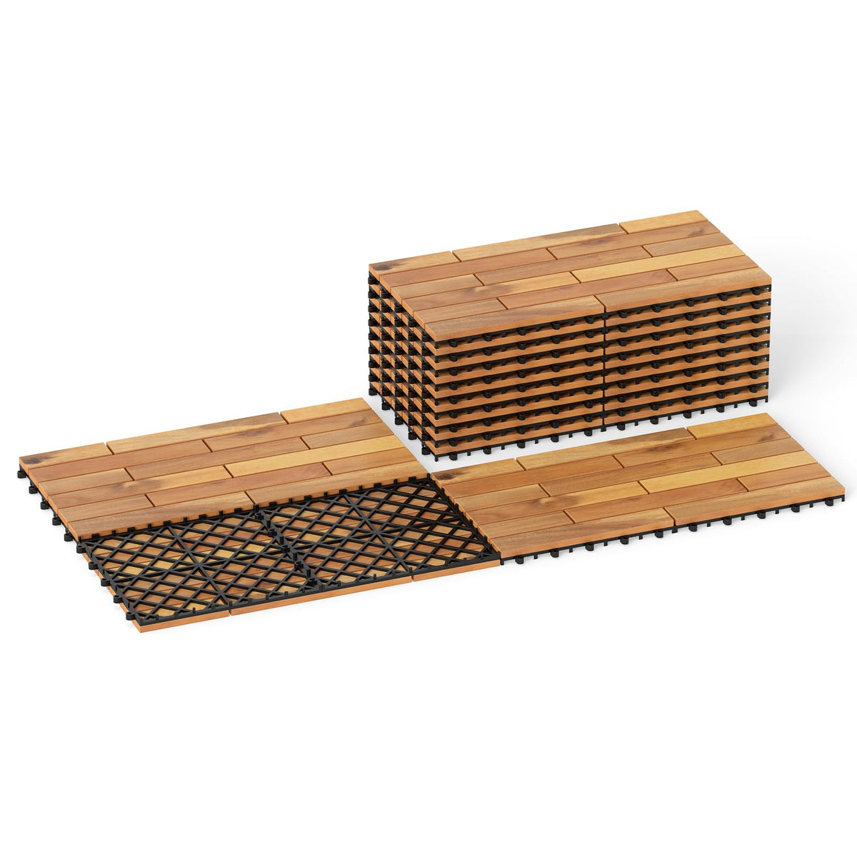 Goplus 12-Pack Acacia Wood Interlocking Deck Tiles (12 PCS,Brick)