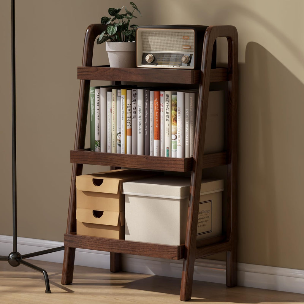 100% Solid Oak 3 Tier Ladder Shelf for Saving Space, Small Bookshelf with Stable Frame, Free Standing Ladder Shelves for Living Room Bedroom Couch, (Natural, 17.72" W x 12.6" L x 31.5" H)