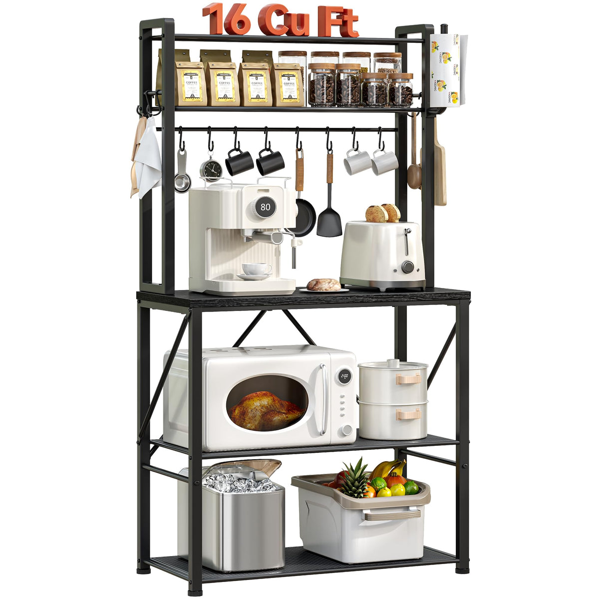 YASONIC Coffee Bar, Bakers Rack with Storage, 25.6 Inches Microwave Stand, 5 Tier Kitchen Shelves Appliance Storage, 12 S Hooks Large Coffee Station for Spices, Pots and Pans, Rustic Brown