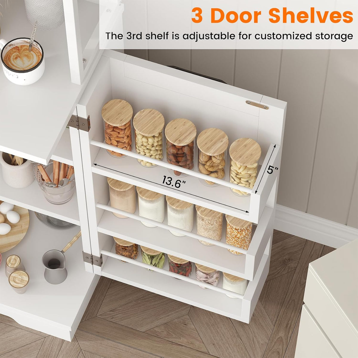 Kitchen Bakers Rack with Storage, 68'' Tall 6 Tier Farmhouse Pantry Cabinet with Trash Bin Cabinet, Microwave Stand Kitchen Cabinet with Hutch,White