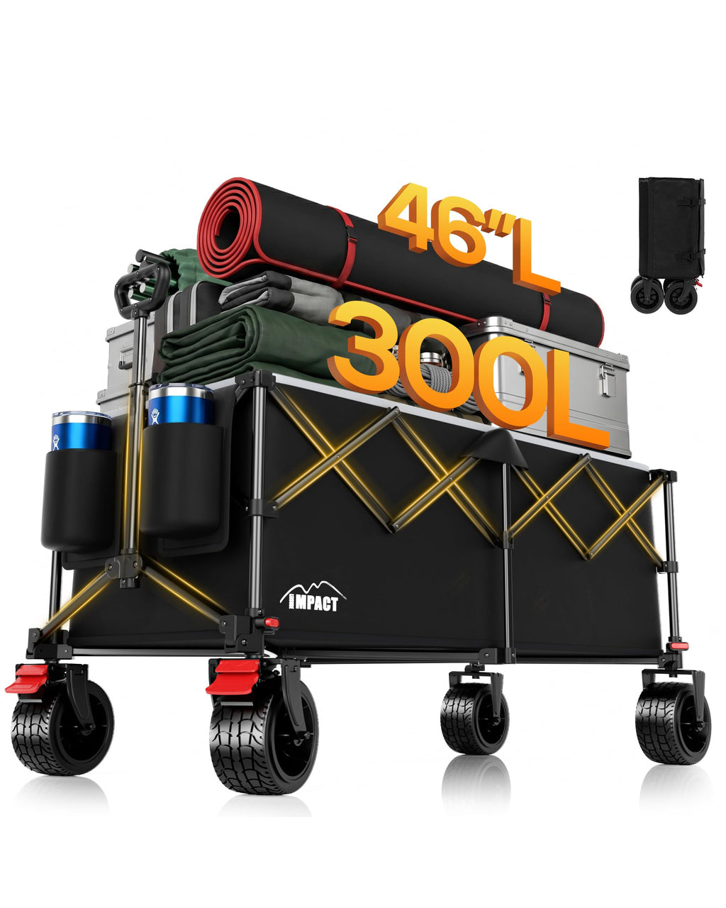 46" Collapsible Wagon Cart Foldable 300L Capacity Compact Folded Size