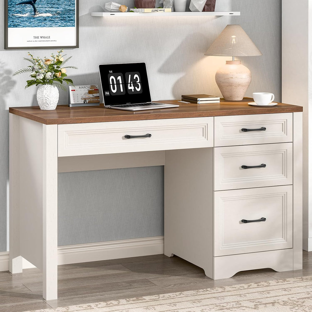 Vabches Farmhouse Executive Desk with Storage and Ample File Drawer, Rustic Large Home Writing Desk for Bedroom, White