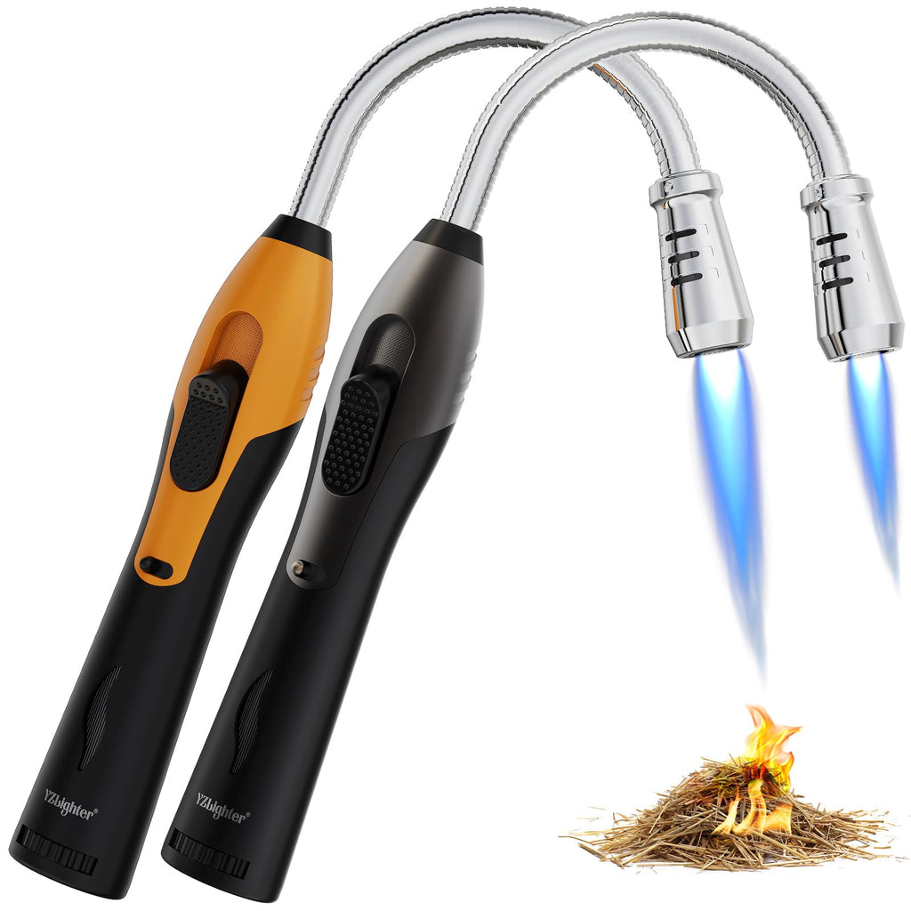 Butane Lighter Torch Long Lighter Refillable Lighter Windproof with Visual Fuel Window Flexible Extra Long Torch Lighter for Fireplace Candles (No Butane Included) (Black + Orange, 2 Pack)