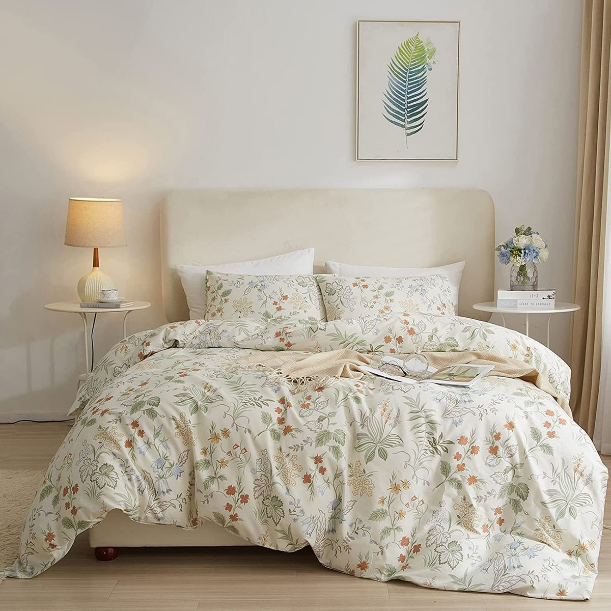 LifeTB Green Floral 100% Jersey Knit Cotton Duvet Cover Queen Vintage Style Botanical Floral Bedding Set Chic Shabby Green Floral Comforter Cover Girl Women Flower Bedding Cover with 2 Pillowcases