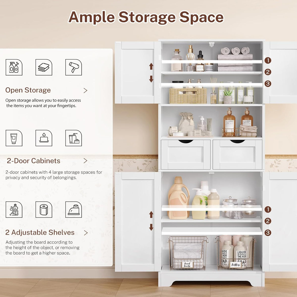 TEENFON Tall Bathroom Storage Cabinet with 4 Doors & 2 Adjustable Shelves