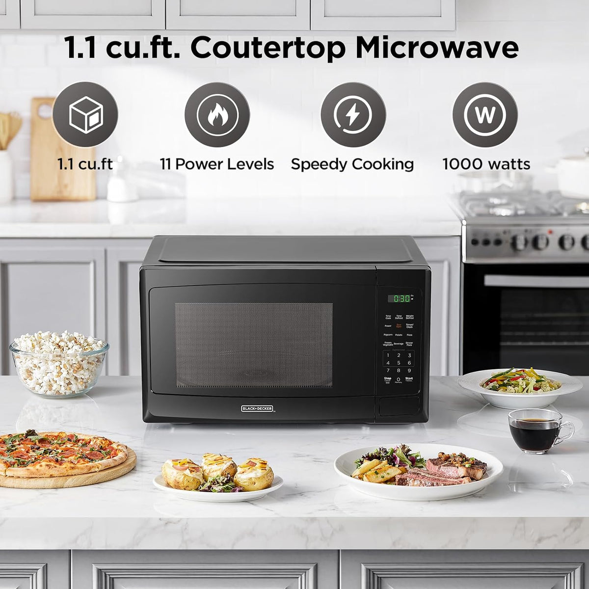 1.1 Cu. Ft. Compact Microwave Oven, 1000W, 10 Power Levels, Stainless Steel & Matte Black, Digital Display, 12 Presets, for Small Kitchens & Everyday Cooking