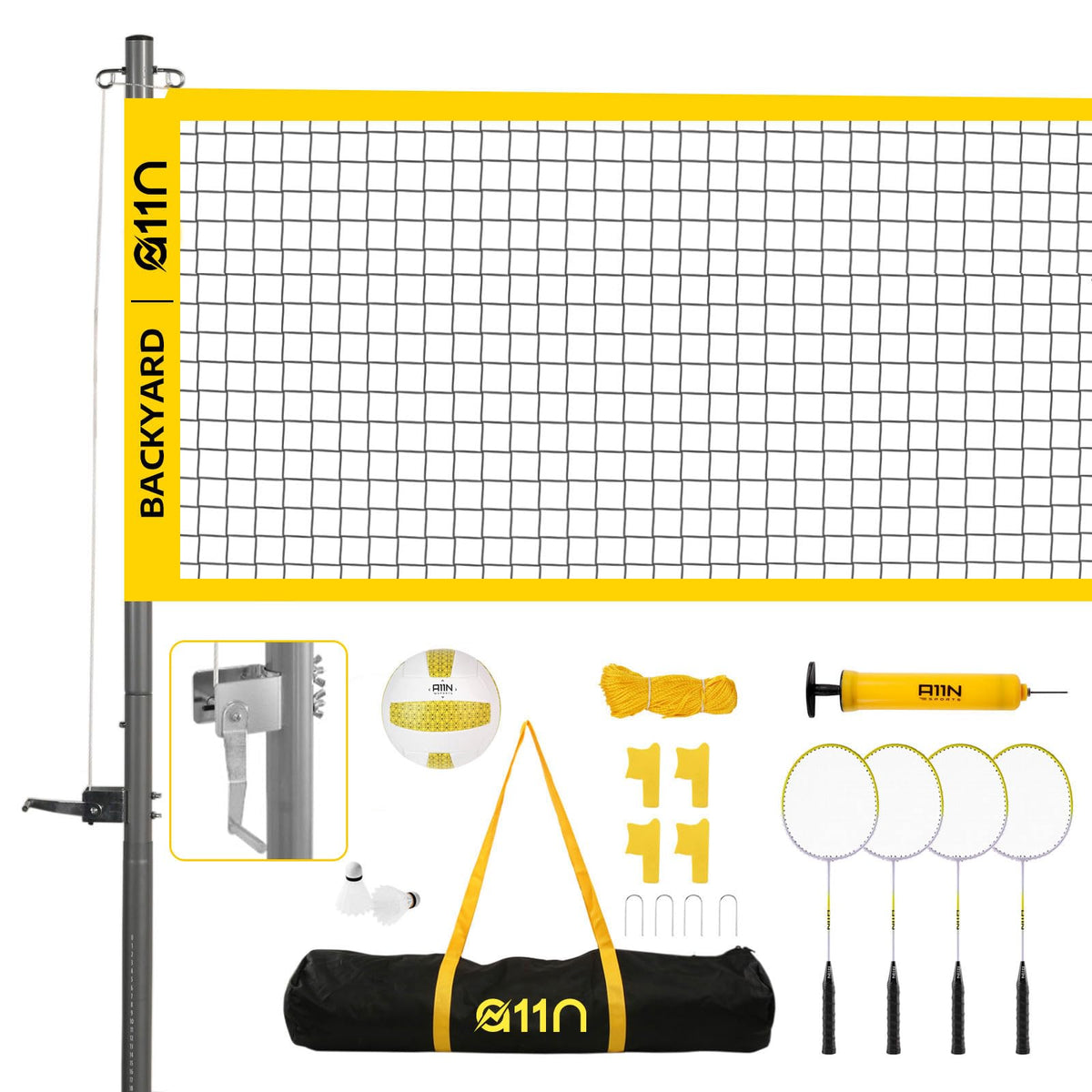 A11N SPORTS Outdoor Volleyball and Badminton Combo Set - Includes Adjustable Height Anti-Sag Net, Volleyball, Air Pump, 4 Badminton Rackets, 2 Shuttlecocks, Boundary Line Marker, and Carrying Bag